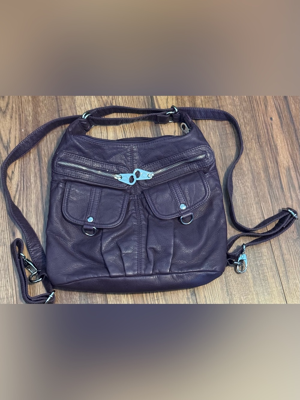 Plum Purple Pebbled Faux Leather Convertible Backpack Shoulder Bag